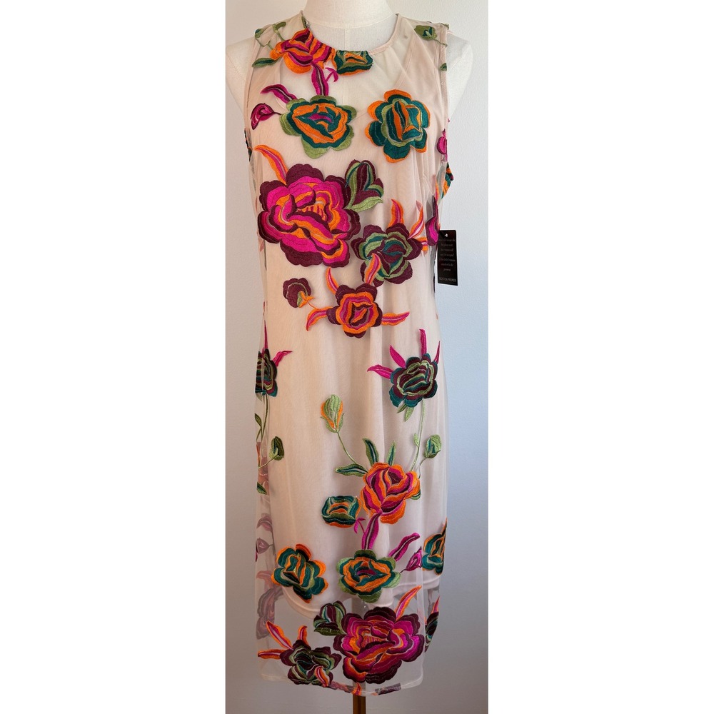 Alexia Admor Embroidered Sheath Dress Womens 10 Beige Floral Mesh D3525 NWT
